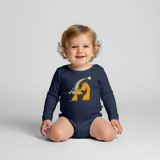 Baby Bio-Langarm-Body Regenbogen Giraffe - Navy