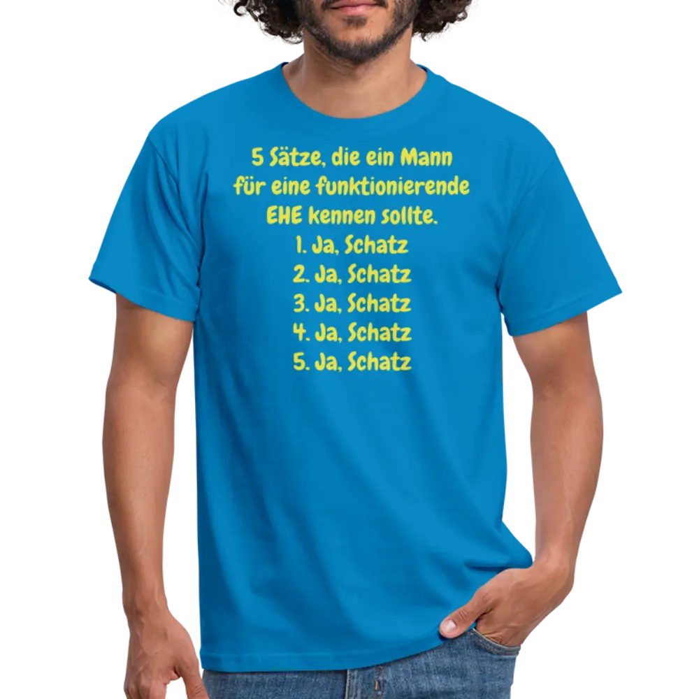 5 Sätze, die ein Mann für eine funktionierende EHE kennen sollte. 1. Ja, Schatz 2. Ja, Schatz 3. Ja, Schatz 4. Ja, Schatz 5. Ja, Schatz - Royalblau