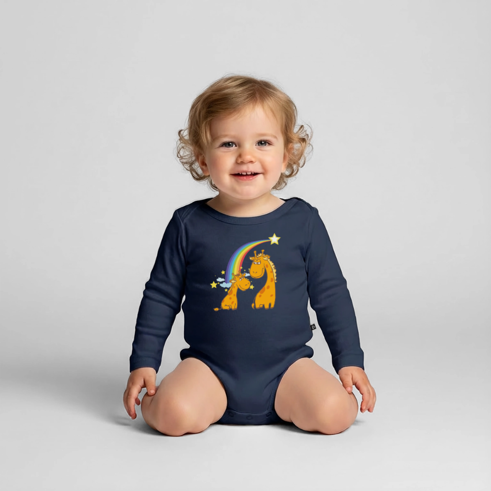Baby Bio-Langarm-Body Regenbogen Giraffe - Navy