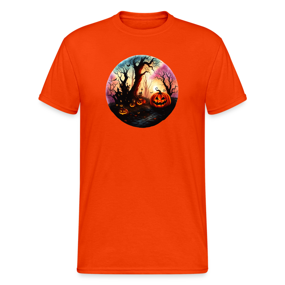 SSW2227 Halloween-Gemälde mit Kürbissen, Bäumen, Geistern, Fledermäusen und einem dekorierten Haus - kräftig Orange