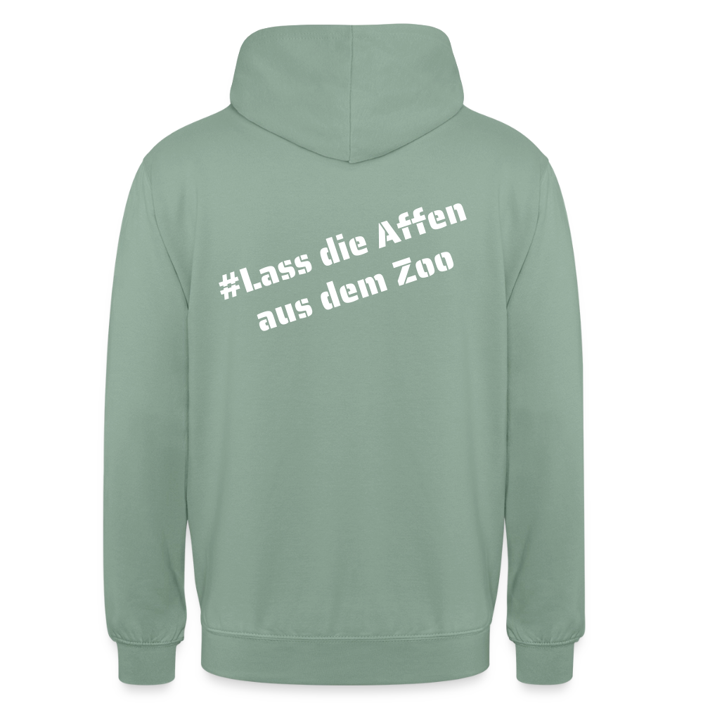 Hoodie Kunde Schule weiße Maske schiefe Schrift - Graugrün