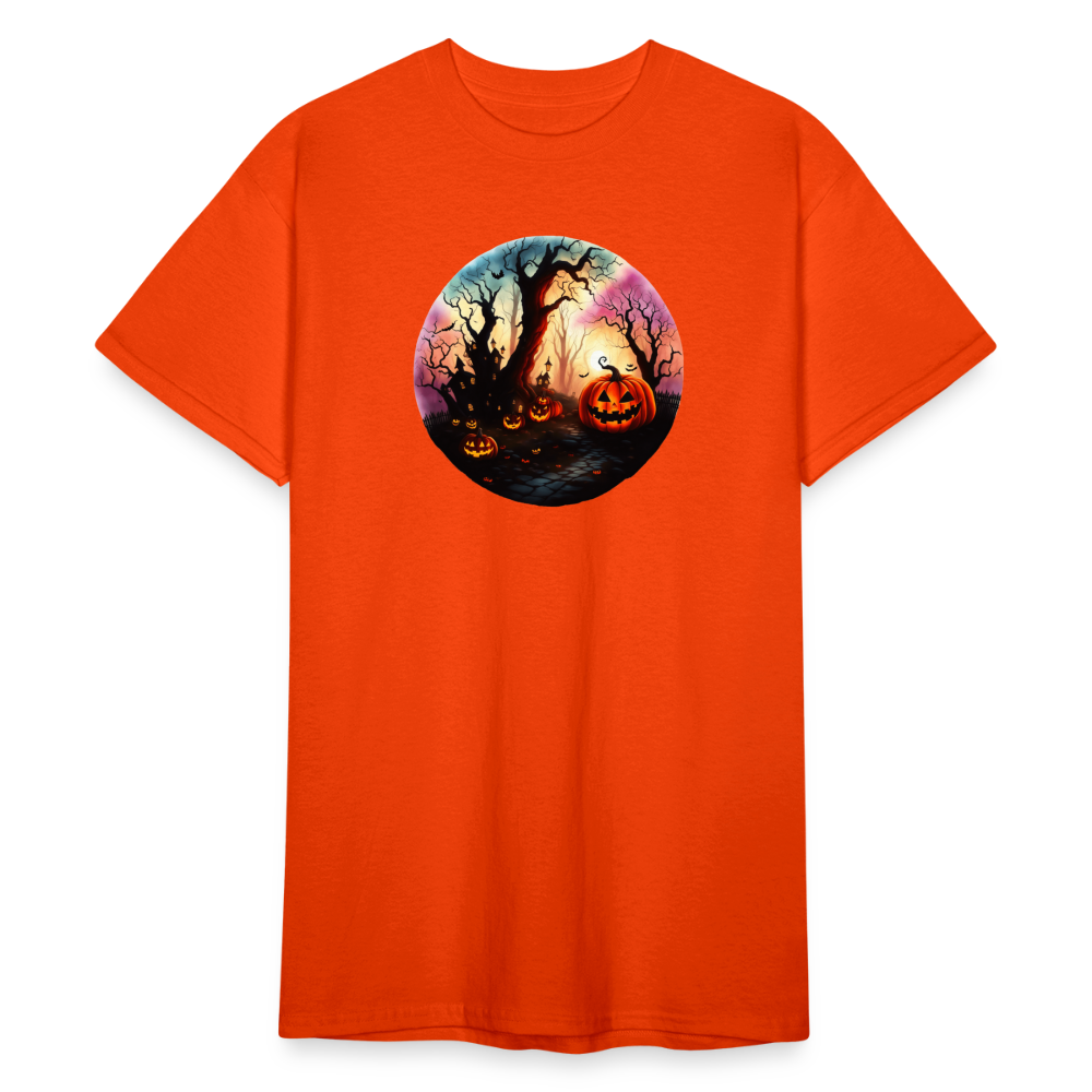 SSW2227 Halloween-Gemälde mit Kürbissen, Bäumen, Geistern, Fledermäusen und einem dekorierten Haus - kräftig Orange