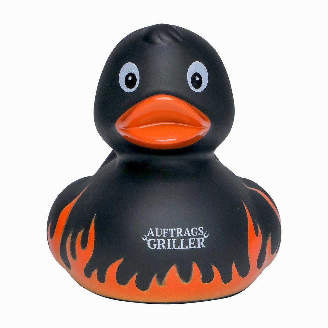 Quietsche-Ente Flammen mit Slogan Auftragsgriller
