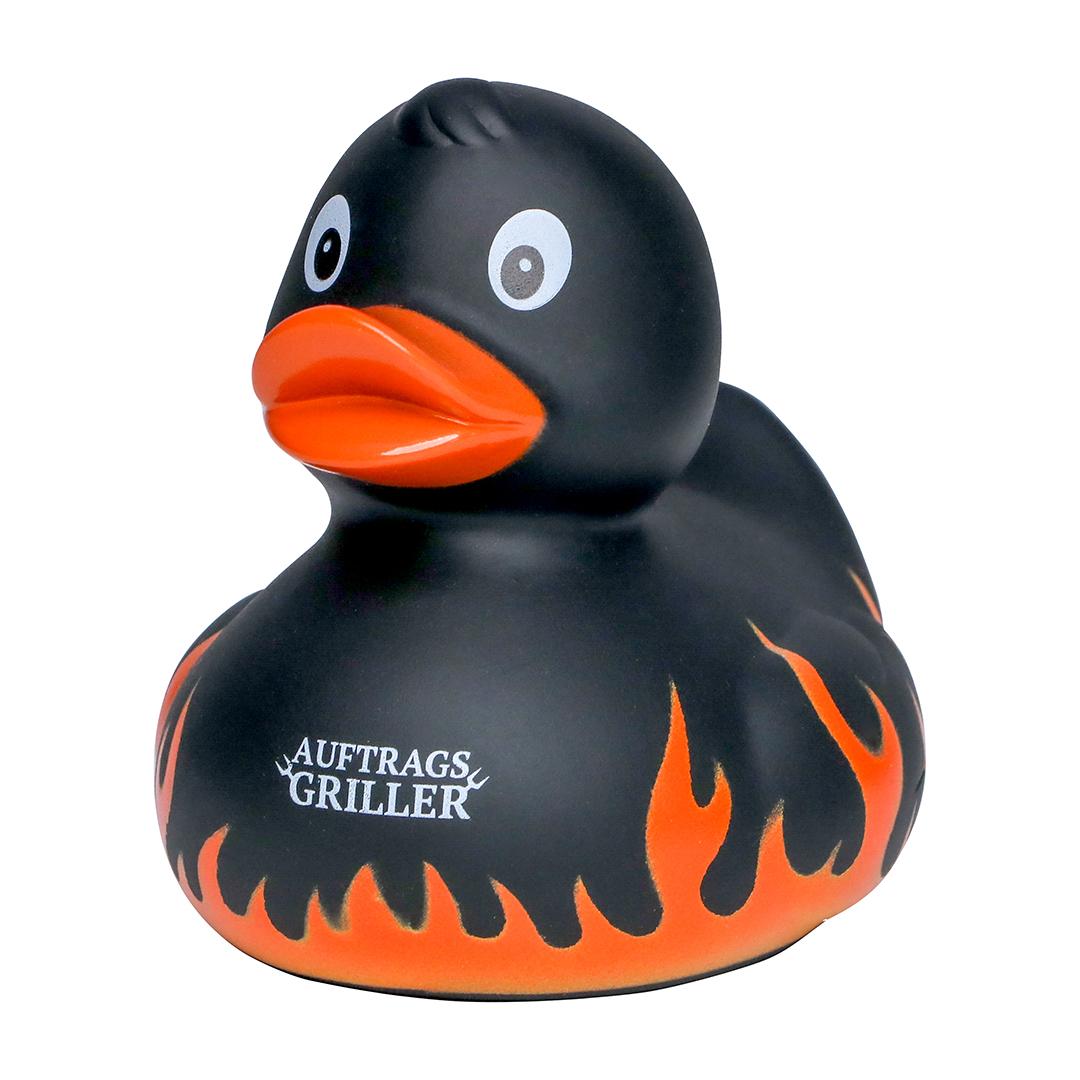 Quietsche-Ente Flammen mit Slogan Auftragsgriller