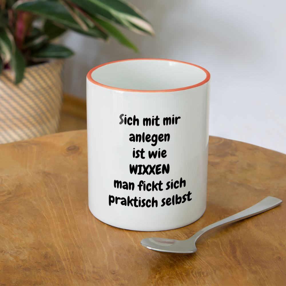 SSW1901 Kaffeebecher Sich mit mir anlegen ist wie WIXXEN man fickt sich praktisch selbst - Weiß/Orange